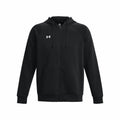 The Under Armour UA041 black zip-up hoodie features a white logo on the left chest and adjustable drawstrings on the hood.