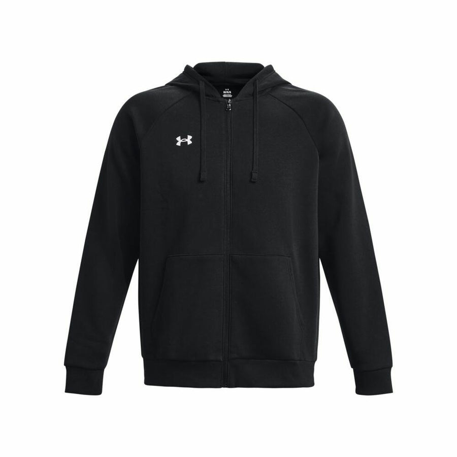 The Under Armour UA041 black zip-up hoodie features a white logo on the left chest and adjustable drawstrings on the hood.