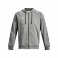 Under Armour's UA041 jacket in gray features a front zipper, drawstrings, dual pockets, and a small white logo on the left chest.