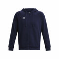 Under Armour's UA041 navy blue zip-up hoodie features a hood, drawstrings, and the brand's logo on the chest.