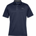 An Under Armour navy blue polo shirt, model UA043, featuring a collar and short sleeves with a small logo on the upper left chest.