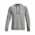 Under Armour's UA048 hoodie in gray, equipped with a front pocket and drawstrings, features a small logo on the chest.