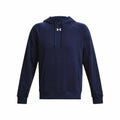The Under Armour UA048 is a navy blue hoodie featuring a drawstring hood, front kangaroo pocket, and a white logo on the chest.