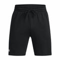 Under Armour's UA050 black athletic shorts feature an elastic waistband, a drawstring, and a small logo near the left hem.