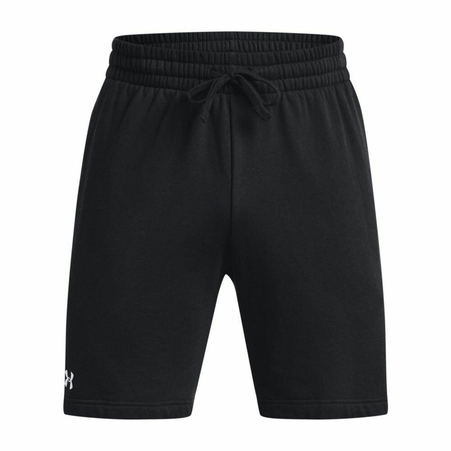 Under Armour's UA050 black athletic shorts feature an elastic waistband, a drawstring, and a small logo near the left hem.