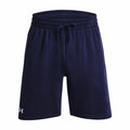 Under Armour's UA050 navy blue athletic shorts feature an elastic waistband with a drawstring and display a small logo on the lower left leg.