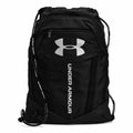 Product UA051, a black drawstring backpack by Under Armour, features the brand's logo and name in white. It includes a front zipper pocket and shoulder cords.
