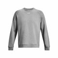 The Under Armour UA059 is a gray crewneck sweatshirt featuring long sleeves and a small white logo on the chest.