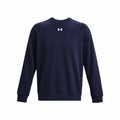 Under Armour's UA059 is a navy blue sweatshirt with long sleeves, a crew neckline, and a small white logo on the chest.