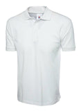 A plain white UC112 Cotton Rich Polo Shirt by Uneek displayed on a mannequin with visible button placket and collar.