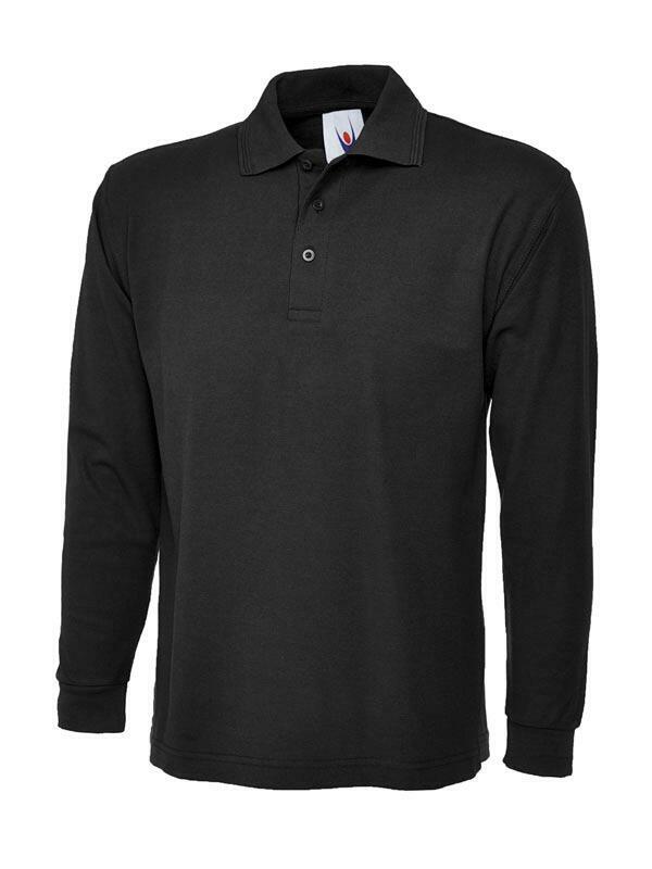 A Uneek UC113 adult unisex long sleeve classic polo shirt in Black