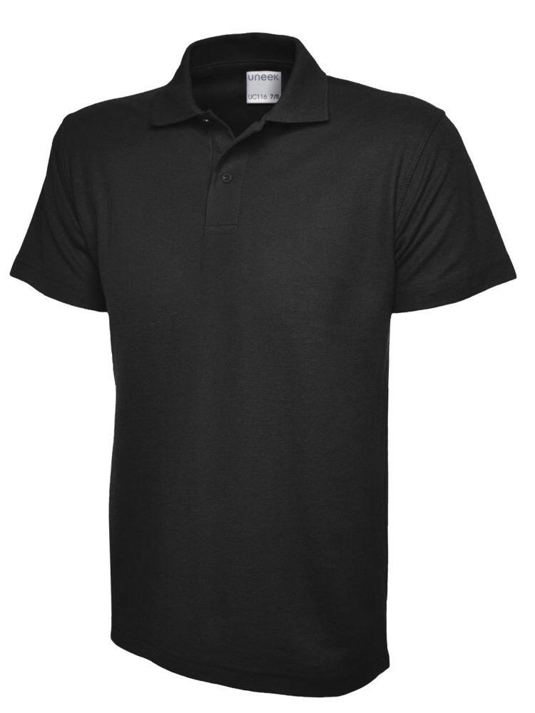 A Uneek UC116 Childrens active cotton polo shirt in Black on a white background