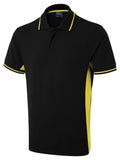 A Black and Yellow Uneek two tone polo shirt UC117 on a white background