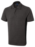 A Charcoal and Black Uneek two tone polo shirt UC117 on a white background