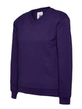 A Uneek UC206 childrens unisex classic v-neck sweatshirt in Purple