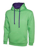 A Uneek UC507 adult unisex contrast hooded sweatshirt shirt in Lime/Purple
