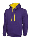 A Uneek UC507 adult unisex contrast hooded sweatshirt shirt in Purple/Yellow