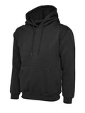 A Uneek Ladies Deluxe Hooded Sweatshirt in Black on a white background