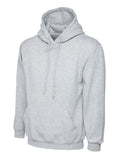 A Uneek Ladies Deluxe Hooded Sweatshirt in Heather Grey on a white background