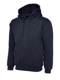 A Uneek Ladies Deluxe Hooded Sweatshirt in Navy on a white background