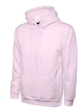 A Uneek Ladies Deluxe Hooded Sweatshirt in Pink on a white background