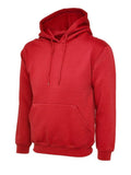 A Uneek Ladies Deluxe Hooded Sweatshirt in Red on a white background