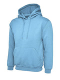 A Uneek Ladies Deluxe Hooded Sweatshirt in Sky Blue on a white background