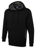 A Uneek Two Tone Hooded Sweatshirt in Black and Charcoal on a white background