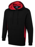 A Uneek Two Tone Hooded Sweatshirt in Black and Red on a white background
