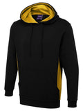 A Uneek Two Tone Hooded Sweatshirt in Black and Yellow on a white background