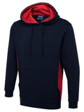 A Uneek Two Tone Hooded Sweatshirt in Navy and Red on a white background