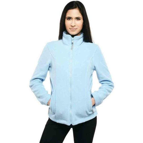 A woman in a light blue UC607 fleece jacket and black pants, standing with hands in pockets, against a white background. Brand Name: Uneek