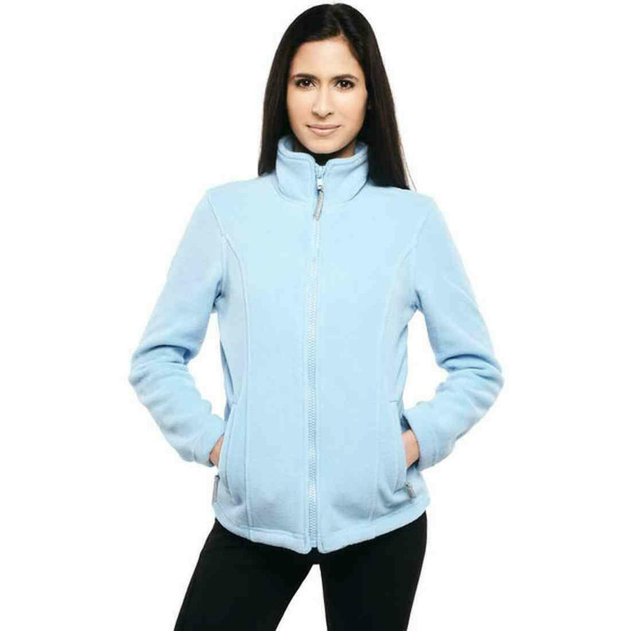 A woman in a light blue UC607 fleece jacket and black pants, standing with hands in pockets, against a white background. Brand Name: Uneek