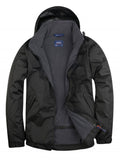 A Uneek Premium Outdoor Jacket in Black & Grey on a white background