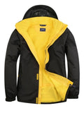 A Uneek UC621 Deluxe Outdoor Jacket in Black & Submarine Yellow on a white background