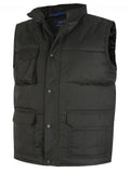A Uneek Super Pro Bodywarmer in Black on a white background