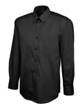 A black Uneek UC701 button-up shirt with long sleeves and a collar, displayed on a plain background.