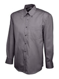 A charcoal Uneek UC701 button-up shirt with long sleeves and a collar, displayed on a plain background.