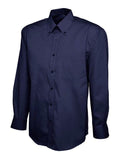 A navy Uneek UC701 button-up shirt with long sleeves and a collar, displayed on a plain background.
