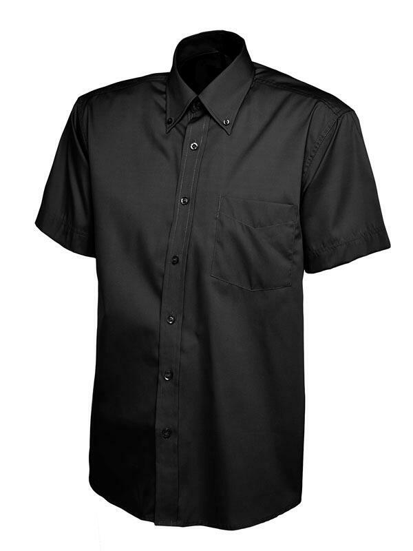 UC702 Black button-up short-sleeved shirt by Uneek displayed on a white background, featuring a pointed collar and a left chest pocket.