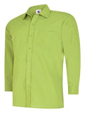 A lime, long-sleeved UC709 dress shirt with a button-up front and a single chest pocket, displayed on a plain background by Uneek.