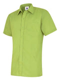 A lime, short-sleeved UC710 dress shirt with a button-up front and a single chest pocket, displayed on a plain background by Uneek.