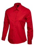 A red UC711 button-down dress shirt displayed on a white background, featuring a pointed collar and long sleeves.