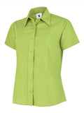 A lime, button-up shirt with short sleeves and a pointed collar from Uneek (UC712), displayed on a plain white background.