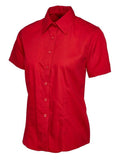 A red, button-up shirt with short sleeves and a pointed collar from Uneek (UC712), displayed on a plain white background.