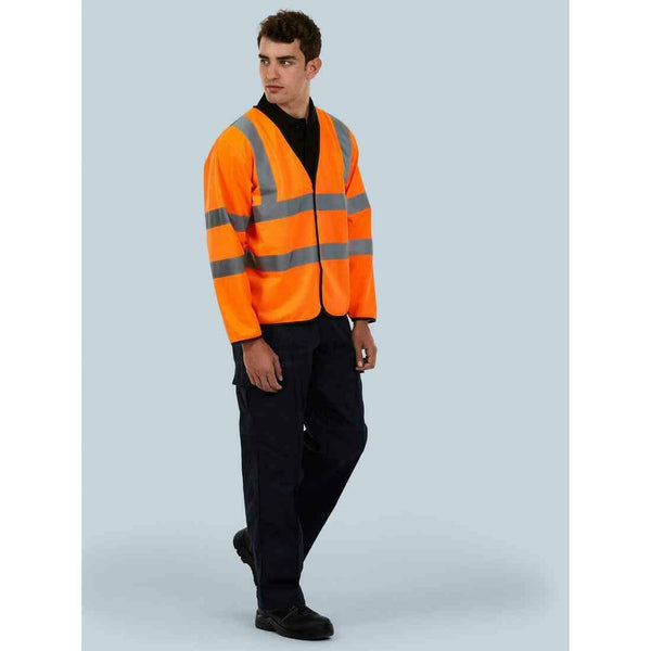 A man wearing a UC802 Orange Uneek hi-viz L/S safety waistcoat with Black trousers