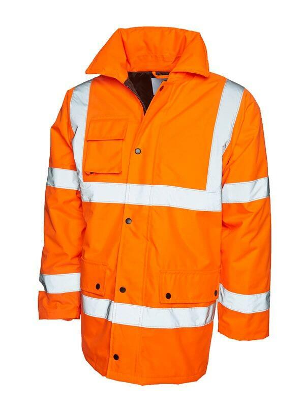 A Uneek UC803 adult unisex hi-vis safety jacket in Orange