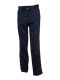 Uneek Navy UC901 trousers isolated on a white background, showing front view with a button closure.