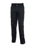 Uneek UC902 black cargo pants with side pockets, displayed against a white background.