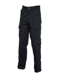 UC904 Black tactical pants with multiple pockets, displayed against a white background by Uneek.